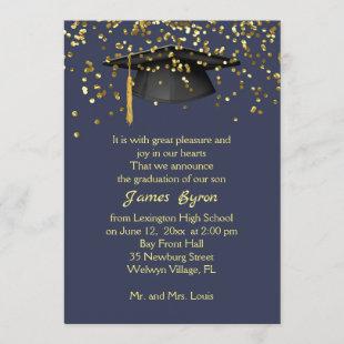 Mortar, golden confetti on blue Graduation Announcement