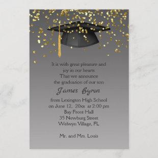 Mortar, golden confetti on gray Graduation Announcement