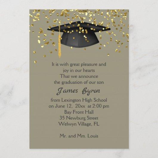 Mortar, golden confetti on  gray yellow Graduation Announcement