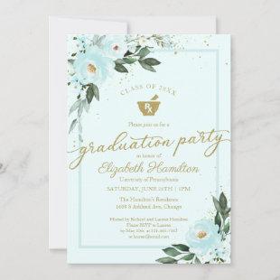Mortar Pestle Pharmacy Grad Party Gold Teal Floral Invitation