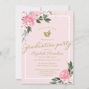 Mortar Pestle Pharmacy Grad Party Hot Pink Floral Invitation