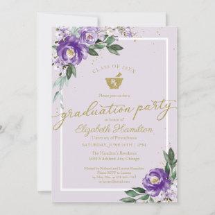 Mortar Pestle Pharmacy Grad Party Purple Floral Invitation