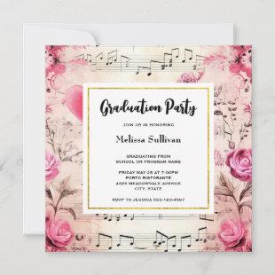 Musical Notes and Roses Vintage Design Graduation Invitation