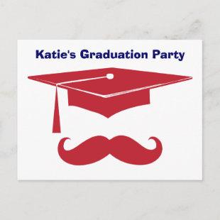 Mustache Graduation Red Invitation Postcard
