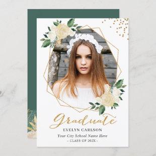 Nature Green Gold Floral Photo Graduation Party Invitation