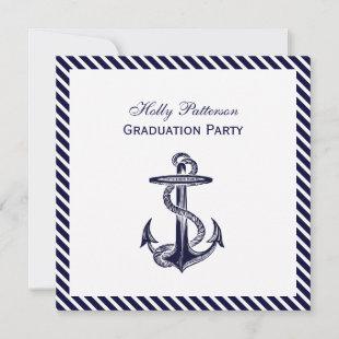 Nautical Anchor Navy Diag Stripe 2SQ Graduation Invitation