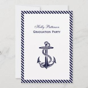 Nautical Anchor Navy Diag Stripe 2V Graduation Invitation