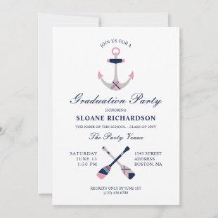 Nautical Anchor & Oars Navy Pink Graduation Party Invitation
