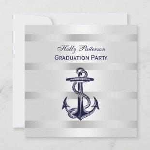 Nautical Blue Anchor Silver Wt BG SQ Graduation Invitation