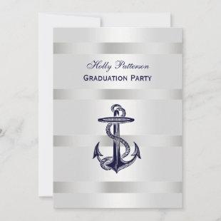 Nautical Navy Blu Anchor Silver Wt BG V Graduation Invitation