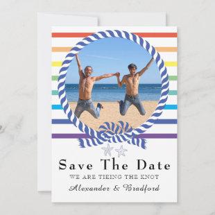 Nautical Rainbow Stripe Gay Wedding Save the Date Announcement