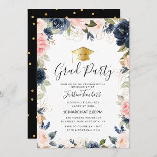 navy and blush floral grad party invitation