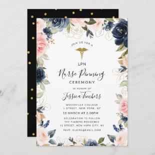 navy and blush floral nurse pinning ceremony invitation