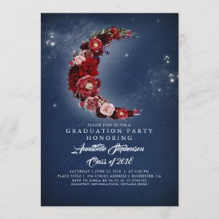 Navy and Burgundy | Floral Moon Graduation Party Invitation