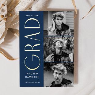 Navy and Gold 3 Photo Graduation Announcement