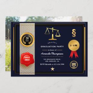 Navy and Gold Law Graduation Party Photo Invitation