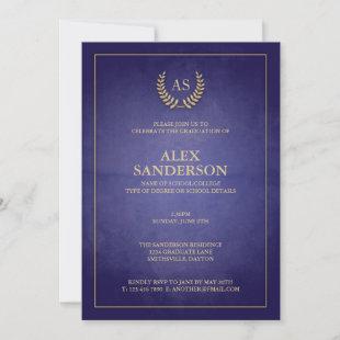 Navy and Gold Monogram/Laurel Wreath Graduation Invitation