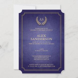 Navy and Gold Monogram/Laurel Wreath Graduation Invitation
