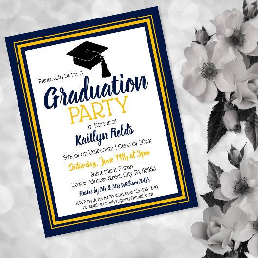 Navy and Gold School Colors Grad Party Invitation Postcard