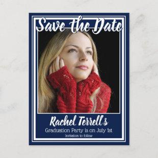 Navy and White Save the Date Graduation Announcement Postcard