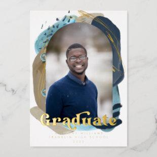 Navy Blue Abstract Arch Photo Graduation Gold Foil Invitation