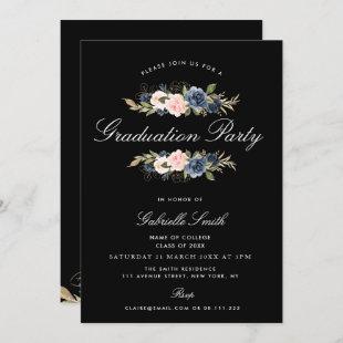 Navy blue and blush floral graduation party invitation