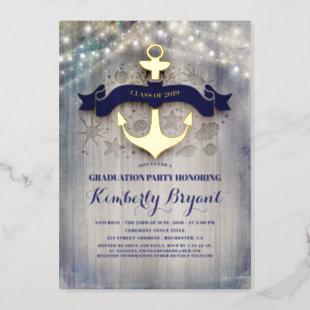Navy Blue and Gold Anchor Rustic Beach Graduation Foil Invitation
