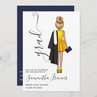 Navy Blue and Gold Girl Graduation Party Invitation