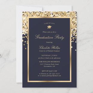 Navy Blue and Gold Glitter Graduation Party  Invitation