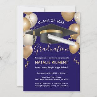 Navy Blue and Gold Graduate Cap Graduation Party Invitation