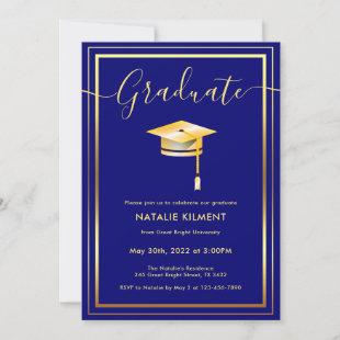 Navy Blue and Gold Modern Graduate Cap Graduation Invitation