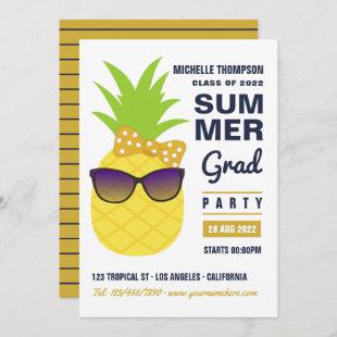 Navy Blue and Gold Pineapple Summer Grad Party Inv Invitation