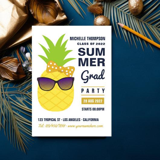 Navy Blue and Gold Pineapple Summer Grad Party Invitation