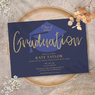 Navy Blue And Gold Script Graduation Party Invitation
