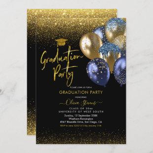 Navy Blue and Gold Sparkling Graduation Party Invitation