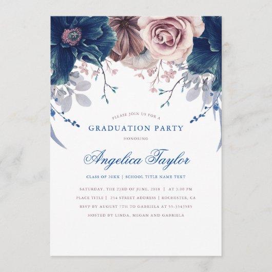Navy Blue and Mauve Floral Graduation Party Invitation