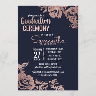 Navy Blue and Rose Gold Floral Graduation Invitation