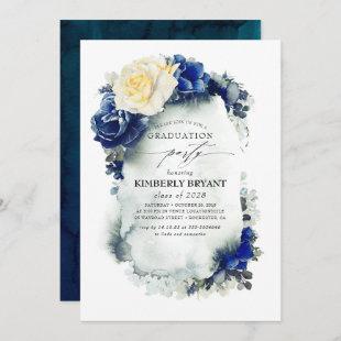 Navy Blue and Yellow  Floral Vintage Graduation Invitation
