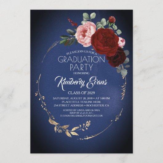 Navy Blue Burgundy Red and Gold Floral Graduation Invitation