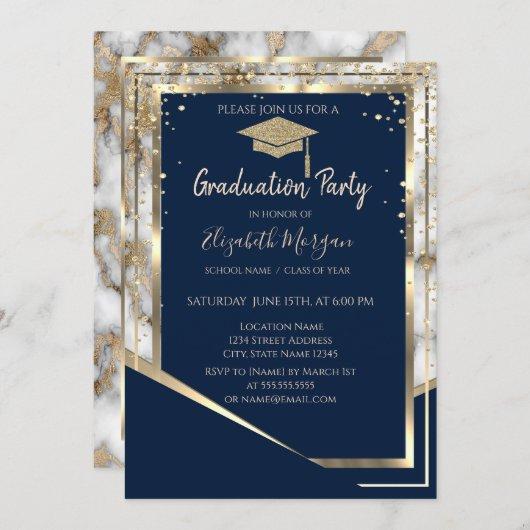 Navy Blue Diamonds Gold Grad Cap Marble Graduation Invitation