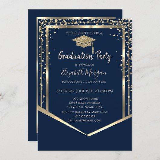 Navy Blue Diamonds Gold Graduation Cap Graduation Invitation