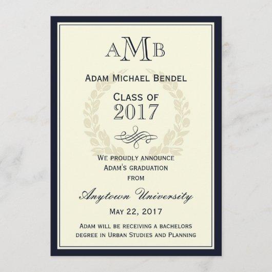 Navy Blue Elegant Monogram Graduation Announcement