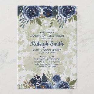 Navy Blue Floral Green Leaves Graduation Party Invitation