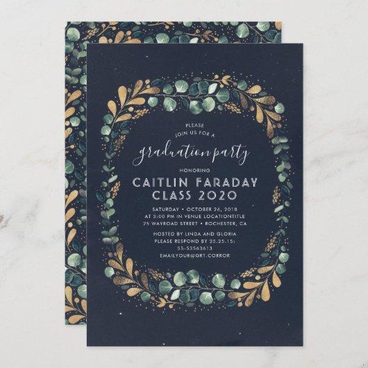Navy Blue Gold and Green Vintage Graduation Party Invitation