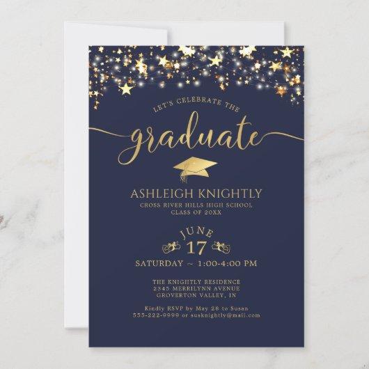 Navy Blue Gold Confetti Stars Graduation Party Invitation