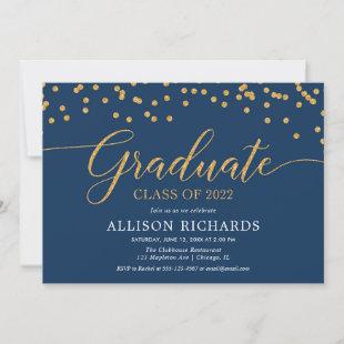 Navy blue gold elegant confetti graduation party i invitation