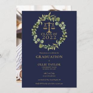 Navy Blue Gold Garland Photo Law School Graduation Invitation