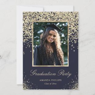 Navy Blue Gold Glitter Photo Graduation Party Invitation