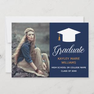 Navy Blue Gold Graduate Photo Modern Graduation Announcement