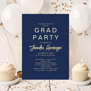 Navy Blue Gold Graduation Party Foil Invitation